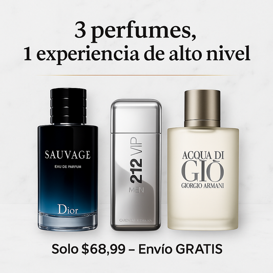 SUPER COMBO 3 X 1 DE HOMBRES.  SAUVAGE, 212 VIP MEN Y ACQUA DI GIO. 100ML